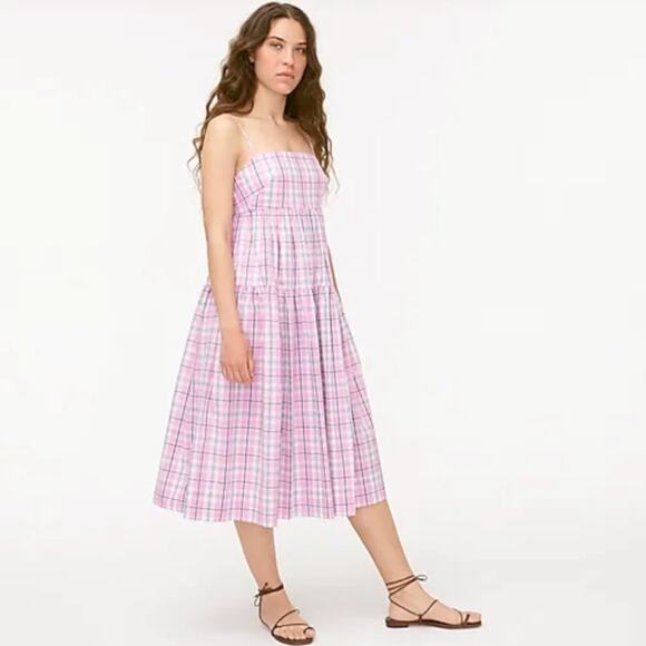 J.Crew Tie-back Tiered Poplin Dress in Violet Plaid Size 6 - Picture 1 of 10